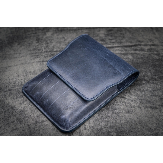 Galen Leather Flap Pen Case for 5 Pens Crazy Horse Navy Blue