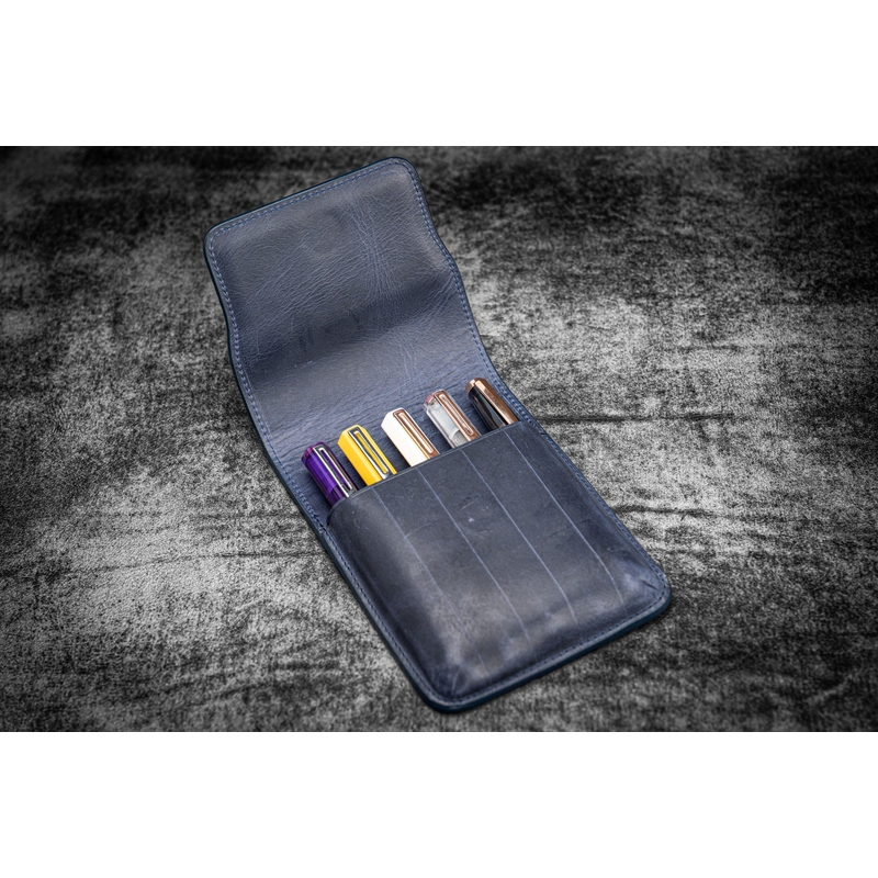 Galen Leather Galen Leather Flap Pen Case for 5 Pens Crazy Horse Navy Blue