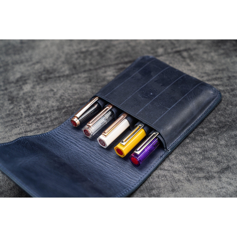 Galen Leather Galen Leather Flap Portapenne in Pelle 5 Posti Crazy Horse Navy Blue
