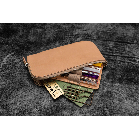 Galen Leather Slip-N-Zip 4 Slots Zippered Pen Pouch Undyed