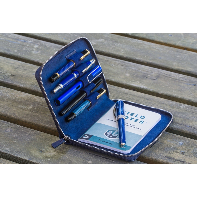 Galen Leather Galen Leather Zippered 5 Slots Pen Case with A6 Notebook Navy Blue