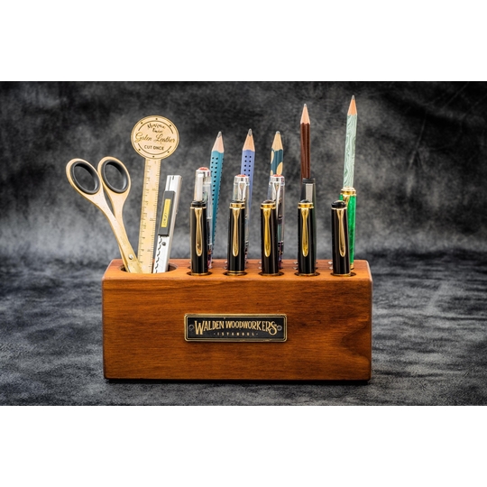 Galen Leather Wood Desk Organizer Pen Holder Walnut