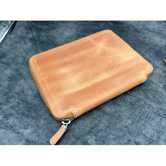 Galen Leather Zippered 10 Slots Pen Case with A5 Notebook Crazy Horse Honey Ochre
