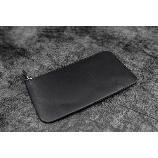 Galen Leather Slip-N-Zip 4 Slots Zippered Pen Pouch Black