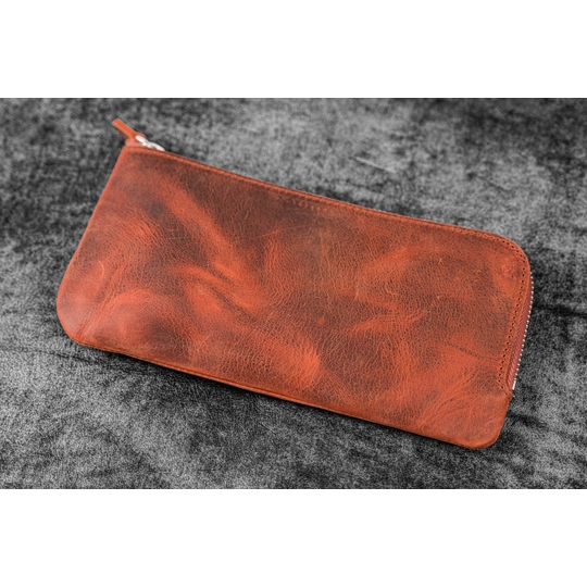 Galen Leather Slip-N-Zip 4 Slots Zippered Pen Pouch Crazy Horse Orange