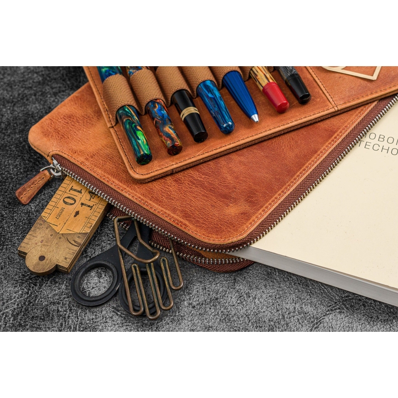 Galen Leather Galen Leather Writer's Bank Bag con Portapenne 7 Posti Crazy Horse Tan