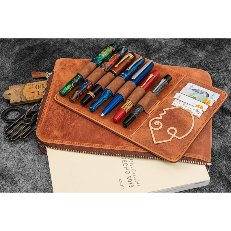 Galen Leather Galen Leather Writer's Bank Bag con Portapenne 7 Posti Crazy Horse Tan