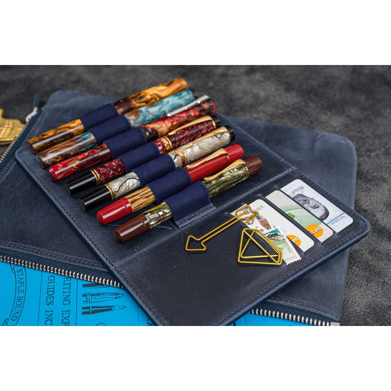 Galen Leather Galen Leather Writer's Bank Bag con Portapenne 7 Posti Crazy Horse Navy Blue