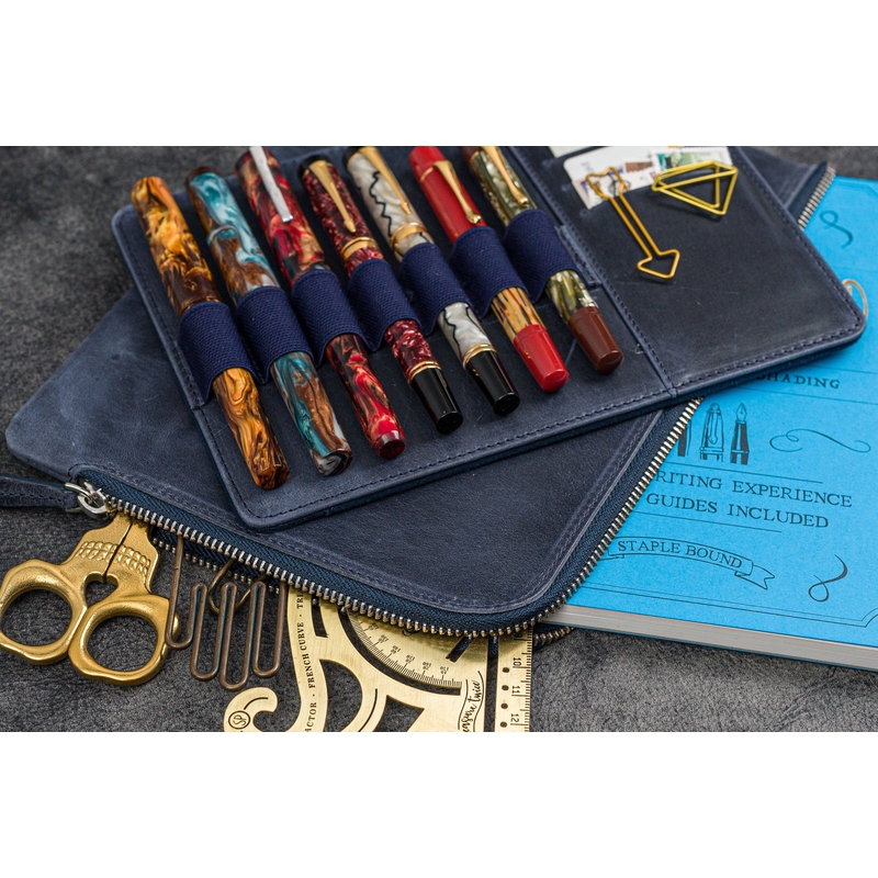 Galen Leather Galen Leather Writer's Bank Bag con Portapenne 7 Posti Crazy Horse Navy Blue
