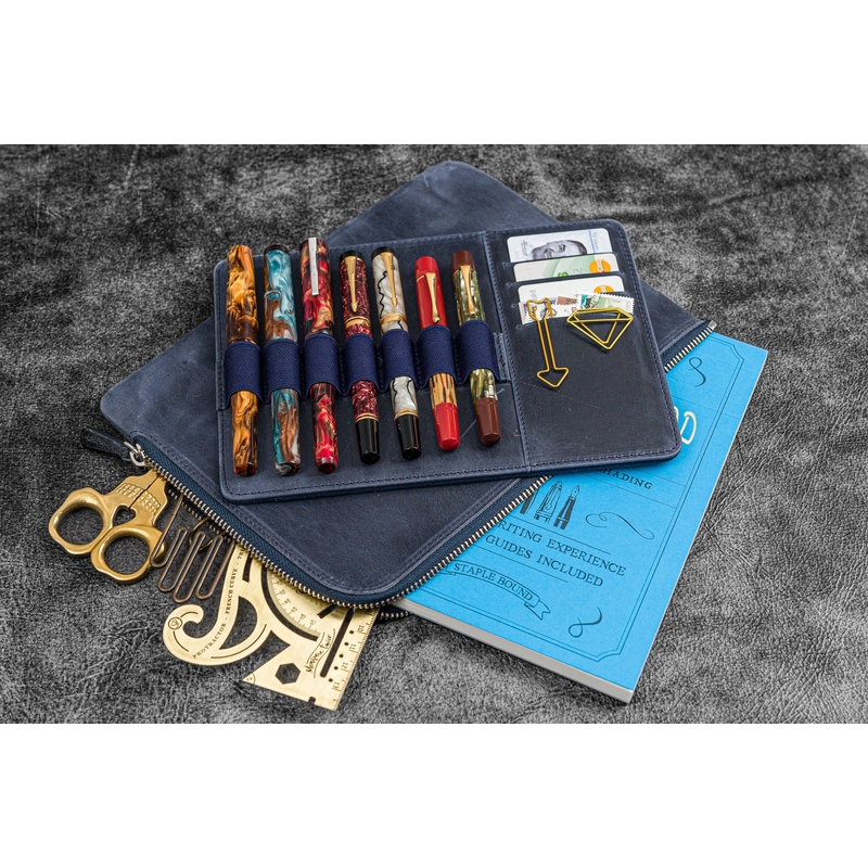 Galen Leather Galen Leather Writer's Bank Bag con Portapenne 7 Posti Crazy Horse Navy Blue