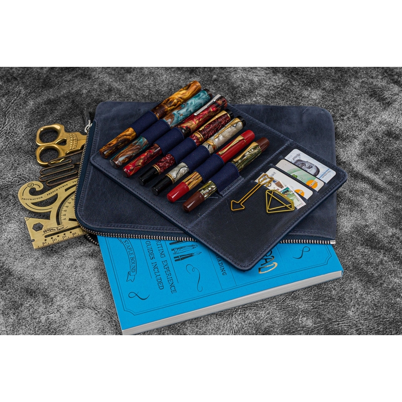 Galen Leather Galen Leather Writer's Bank Bag con Portapenne 7 Posti Crazy Horse Navy Blue