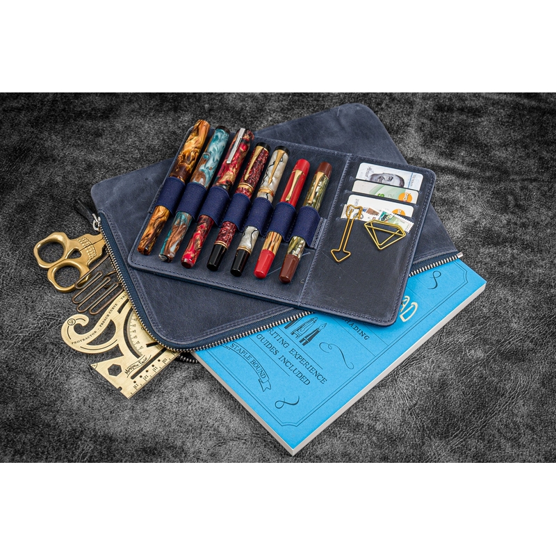 Galen Leather Galen Leather Writer's Bank Bag con Portapenne 7 Posti Crazy Horse Navy Blue
