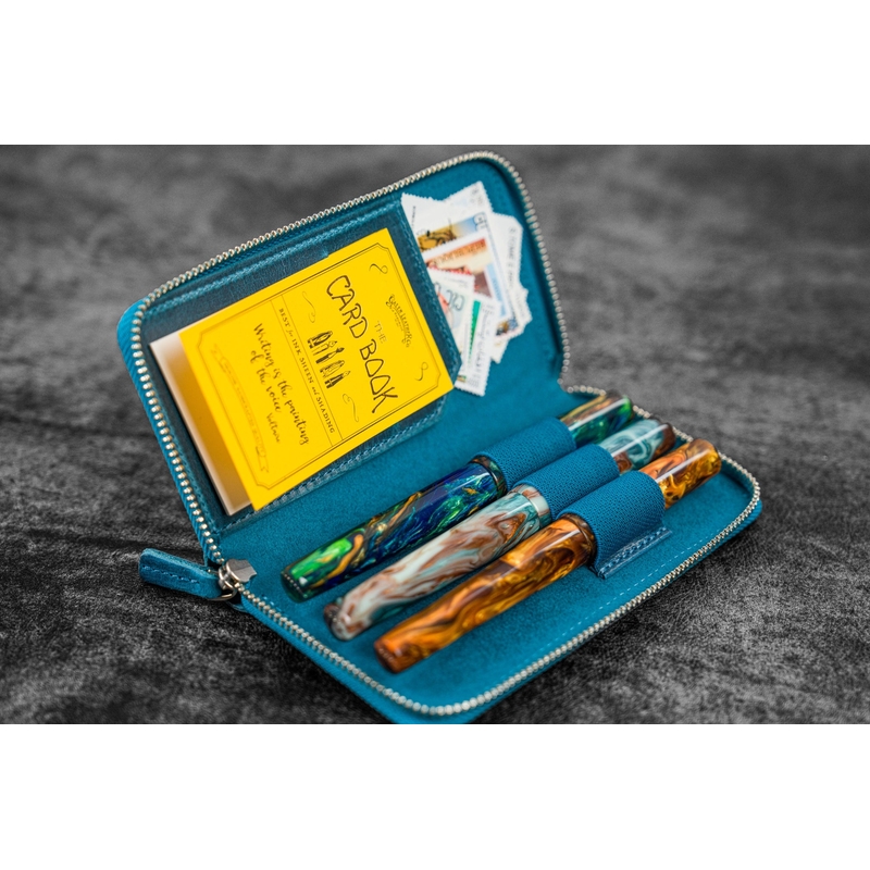 Galen Leather Galen Leather Portapenne in Pelle con Zip 3 Posti Crazy Horse Ocean Blue