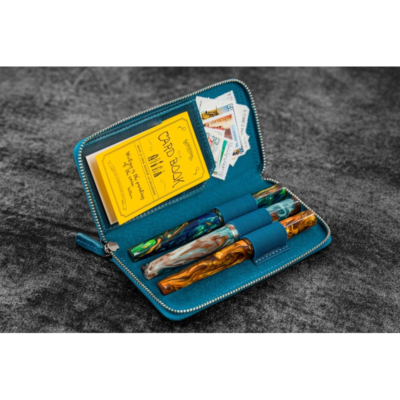 Galen Leather Galen Leather Portapenne in Pelle con Zip 3 Posti Crazy Horse Ocean Blue