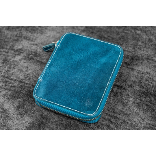 Galen Leather Zippered 10 Slots Pen Case Crazy Horse Ocean Blue