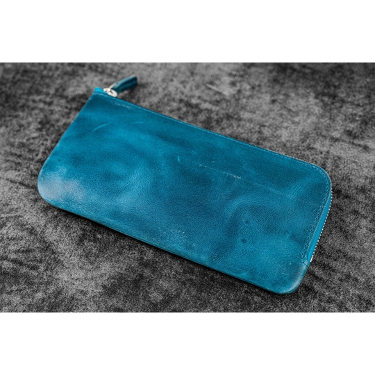 Galen Leather Slip-N-Zip 4 Slots Zippered Pen Pouch Crazy Horse Ocean Blue