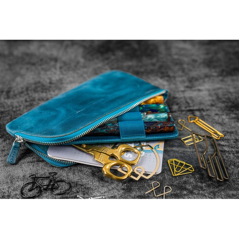Galen Leather Galen Leather Slip-N-Zip 4 Slots Zippered Pen Pouch Crazy Horse Ocean Blue
