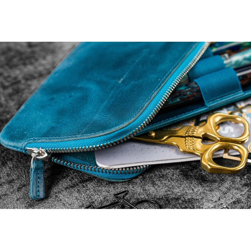 Galen Leather Galen Leather Slip-N-Zip Portapenne in Pelle 4 Posti Crazy Horse Ocean Blue