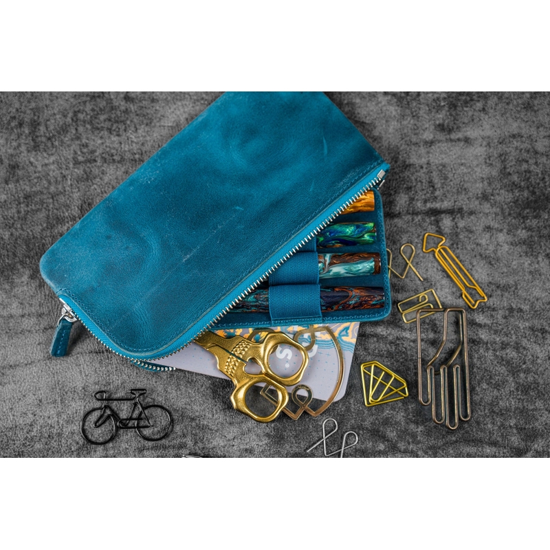 Galen Leather Galen Leather Slip-N-Zip 4 Slots Zippered Pen Pouch Crazy Horse Ocean Blue