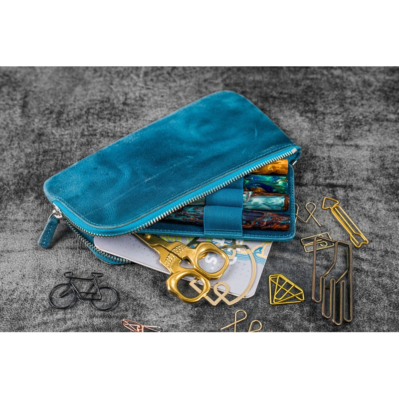 Galen Leather Galen Leather Slip-N-Zip Portapenne in Pelle 4 Posti Crazy Horse Ocean Blue