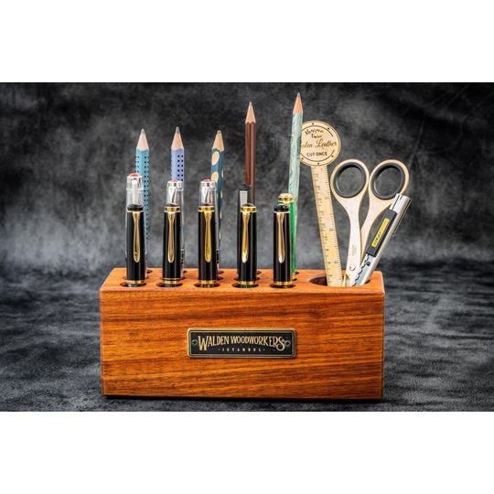 Galen Leather Wood Desk Organizer Pen Holder Mahogany