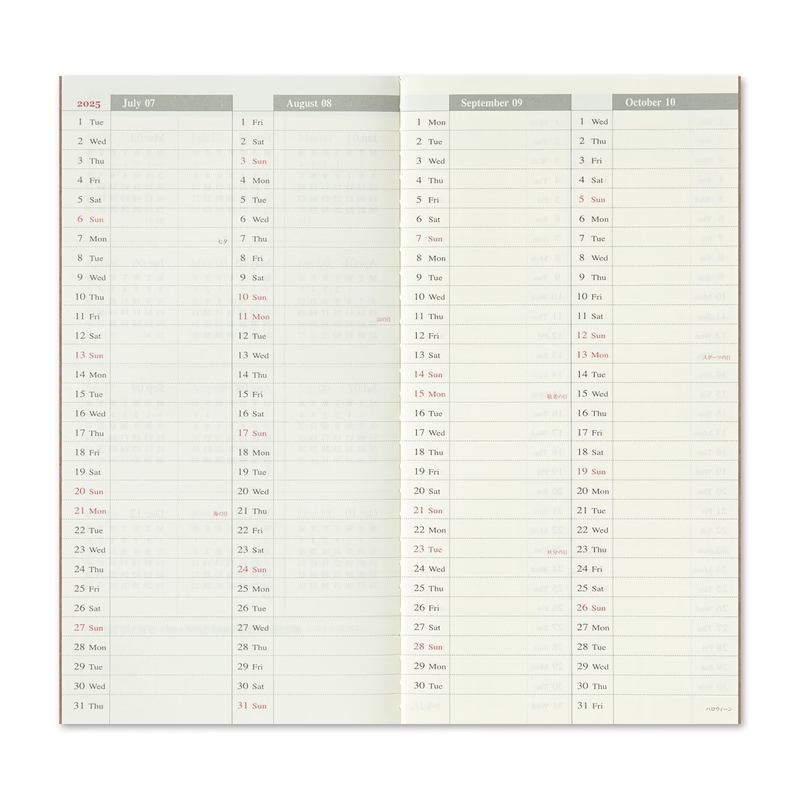 Traveler's Company Traveler's Notebook Refill 2025 Weekly + Memo Diary Regular Size Second Half