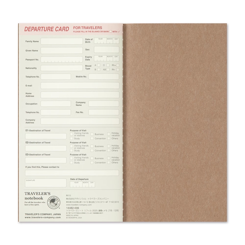 Traveler's Company Traveler's Notebook Refill 2025 Weekly + Memo Diary Regular Size Second Half
