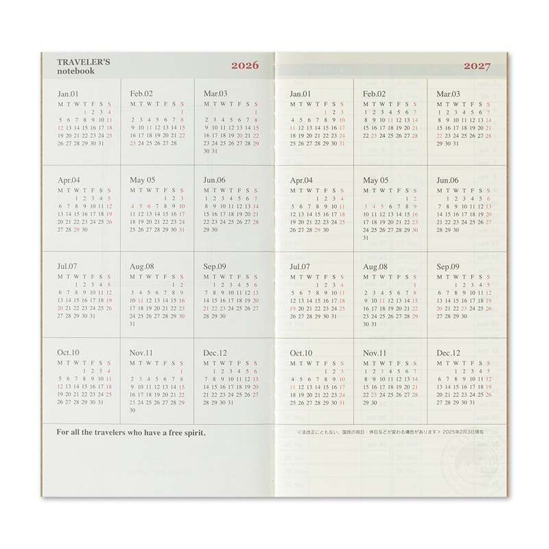 Traveler's Company Traveler's Notebook Agenda 2026 Settimanale con Memo Regular Size