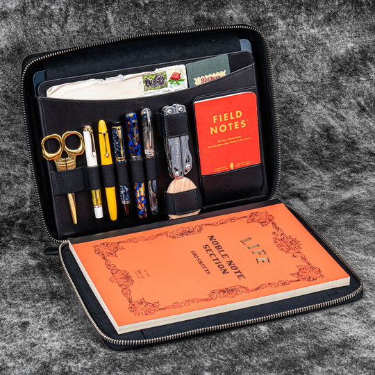Galen Leather Compendium Bag Zippered Folio A4 Black