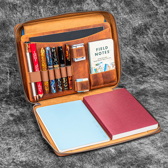 Galen Leather Compendium Bag Zippered Folio A4 Crazy Horse Brown
