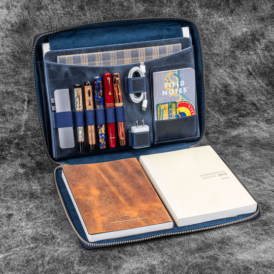 Galen Leather Compendium Bag Zippered Folio A4 Crazy Horse Navy Blue