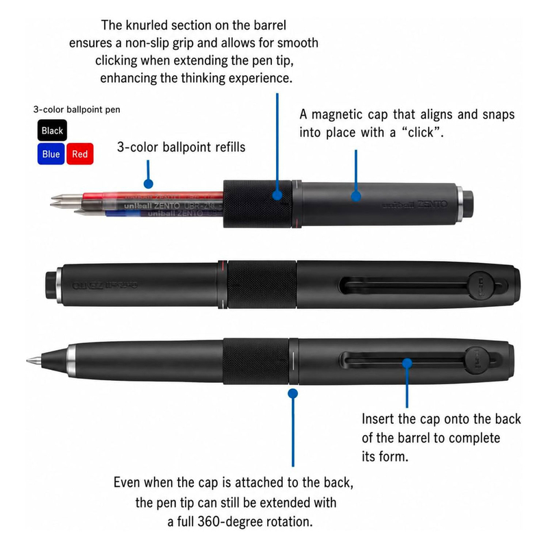 Uni Uni-ball Zento Signature 3 Color 0.5 mm Penna Multifunzione Nera